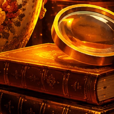 Two leather-bound books beneath a brass magnifying glass.