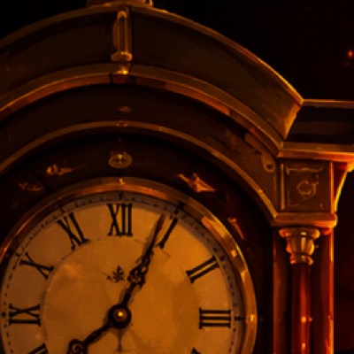 A gilt longcase clock dial with Roman numerals, lit by lamplight.