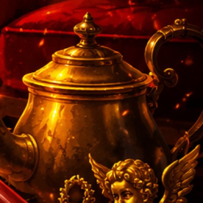 A polished silver teapot catching candlelight.