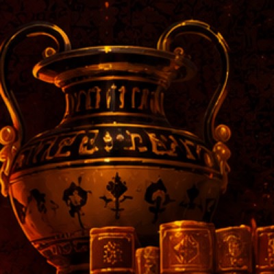 A black-figure classical urn standing in front of gilt-tooled book spines.